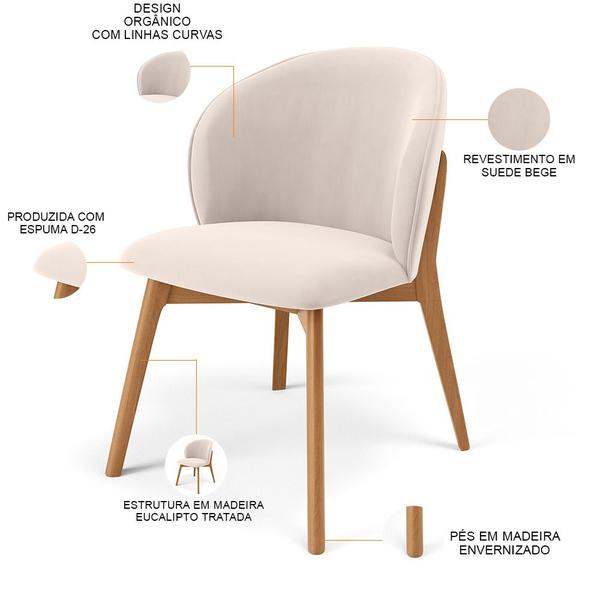 Imagem de Kit 02 Cadeiras de Jantar e Estar Living Estofada Mia L02 Suede Bege - Lyam Decor