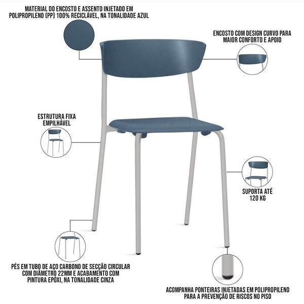 Imagem de Kit 02 Cadeiras Empilhável Fixa Atom F02 Base Aço Cinza Azul - Lyam Decor