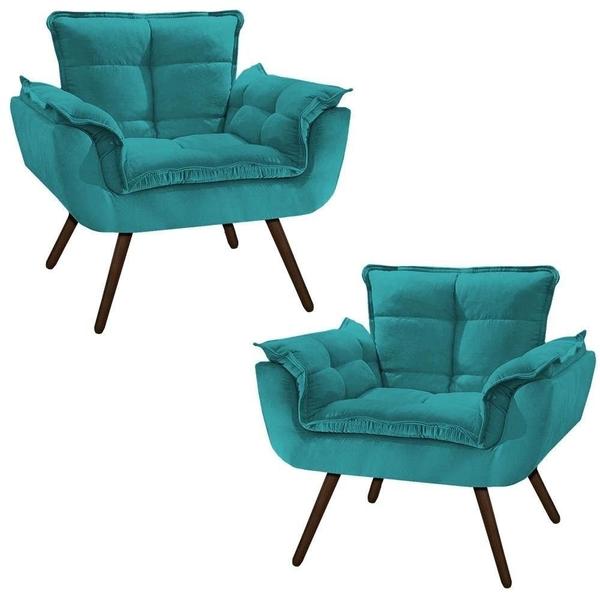 Imagem de Kit 02 Cadeiras Poltronas Opala Suede Luxo Azul Turquesa