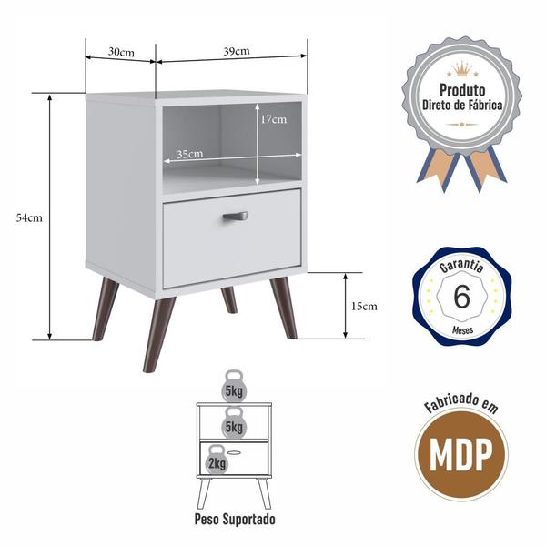 Imagem de Kit 02 Mesa de Cabeceira Nicho 39cm com Gaveta e Pés Palito Retrô Branca