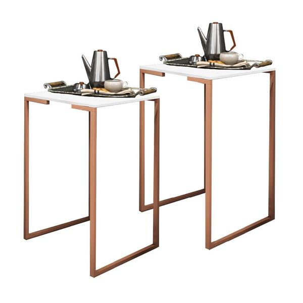 Imagem de Kit 02 Mesa Lateral Canto Aparador Buffet Stan Industrial Ferro Bronze Tampo Branco - Ahazzo Móveis