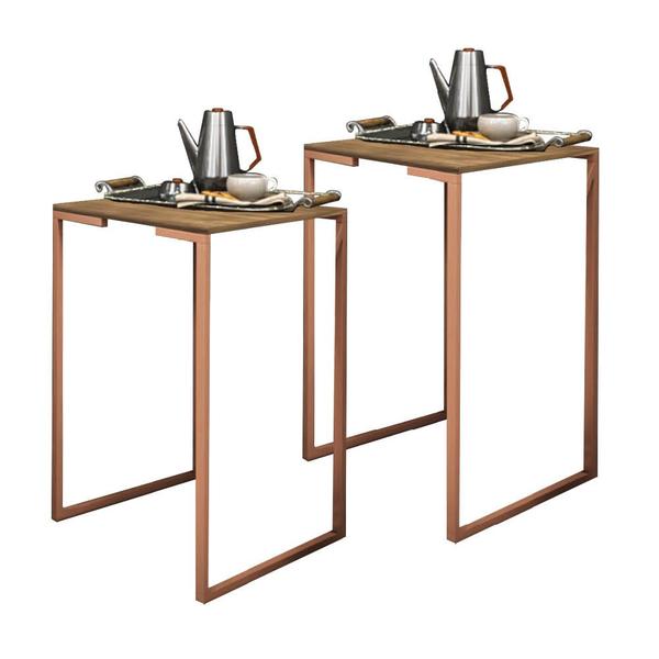 Imagem de Kit 02 Mesa Lateral Canto Aparador Buffet Stan Industrial Ferro Bronze Tampo Rústico - Ahz Móveis