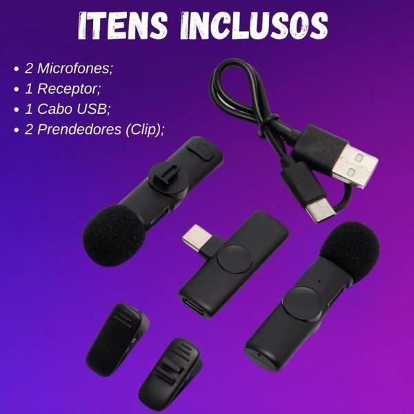 Imagem de Kit 02 Microfone Lapela Celular Sem Fio Duplo Android Tipo C