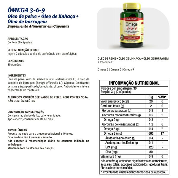 Imagem de Kit 02 Ômega Triplo 3-6-9 1000mg 60 Cápsulas Maxinutri