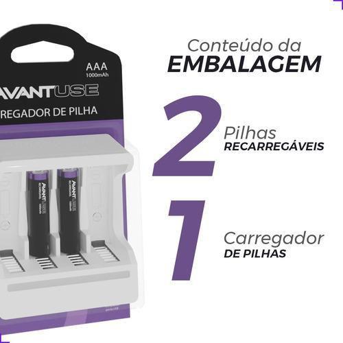 Imagem de Kit 02 Pilhas Recarregáveis Aaa + Carregador 1000Mah - Avant