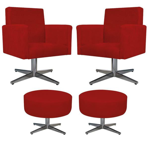 Imagem de Kit 02 Poltrona Cadeira Decorativa Arenzza e 02 Puff Sofia Base Giratória de Metal Suede Vermelho - DAMAFFÊ MÓVEIS