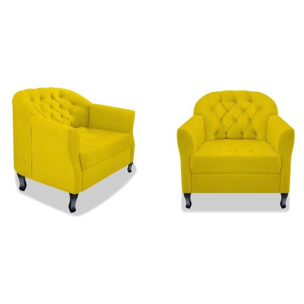 Imagem de Kit 02 Poltrona Cadeira Sofá Julia com Botonê Pés Luiz XV para Sala de Estar Recepção Quarto Escritório Suede Amarelo - AM Decor