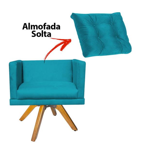 Imagem de Kit 02 Poltrona Milena Confort Base Giratória Madeira Com Almofada Sala Recepção Escritório Suede Azul Turquesa - DAMAFFÊ MÓVEIS