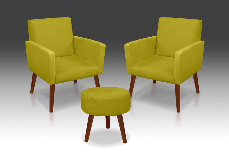 Imagem de Kit 02 Poltrona Nina + 01 Puff Redondo Suede Amarelo -Modena  Decor 