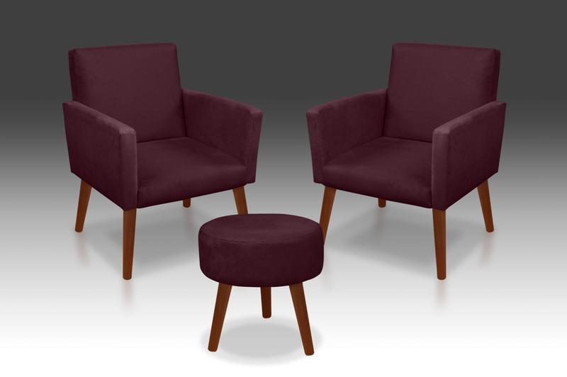 Imagem de Kit 02 Poltrona Nina + 01 Puff Redondo Suede Bordo- MODENA DECOR 