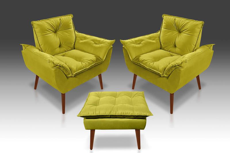 Imagem de Kit 02 Poltrona Opala + 01 Puff Opala Suede Amarelo- Modena Decor 