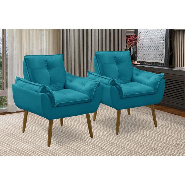 Imagem de Kit 02 Poltrona Opala decorativa pés palito azul turquesa - Porto Decor