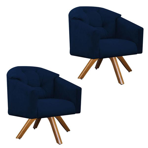 Imagem de Kit 02 Poltronas Decorativa Estrela Premium Base Giratória Suede Azul Marinho - MeularDecor