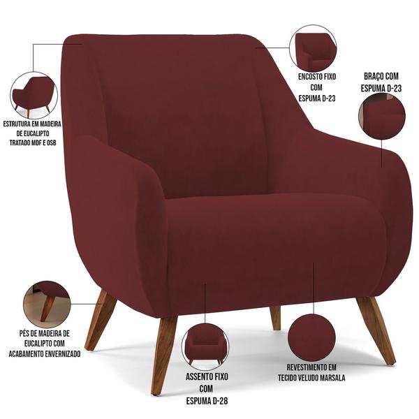 Imagem de Kit 02 Poltronas Decorativa Fixa Pés de Madeira Paloma D02 Veludo Marsala C-278 - Lyam Decor