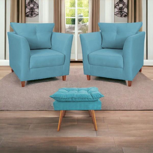 Imagem de Kit 02 Poltronas Decorativa Isis Pés de Madeira Mais Puff Opalla Suede Azul Turquesa - DS Estofados