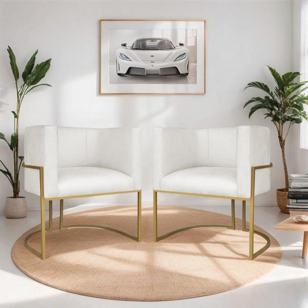 Imagem de Kit 02 Poltronas Decorativa Luna Base de Ferro Dourado Bouclé Branco