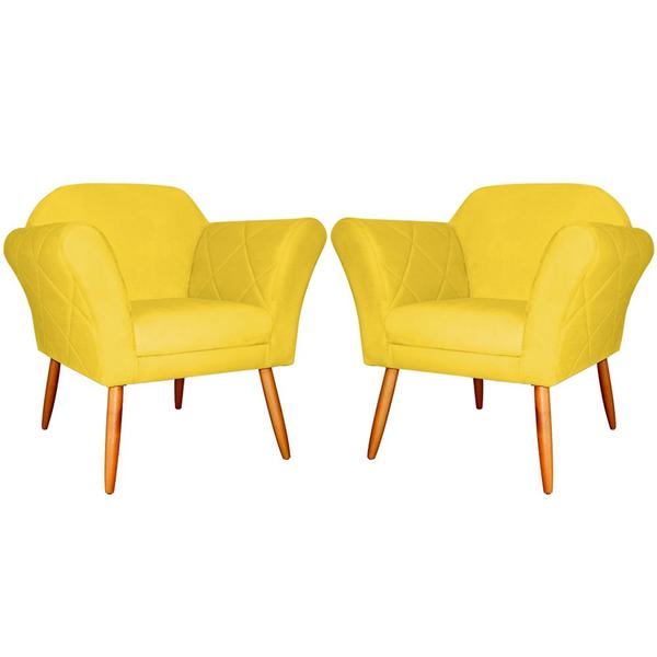 Imagem de Kit 02 Poltronas Decorativa Marcela Pés Palito Suede Amarelo - DS Estofados