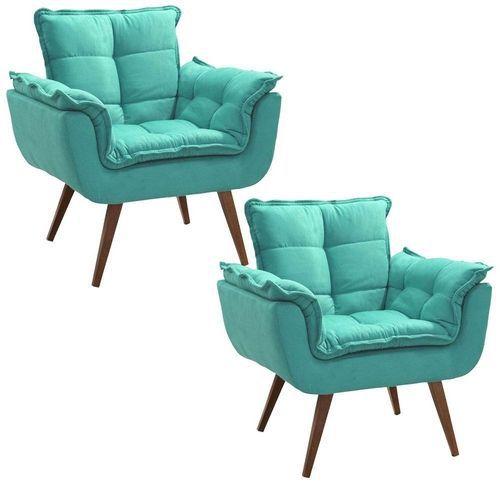 Imagem de Kit 02 Poltronas Decorativa Opalla Pés Palito Suede Turquesa