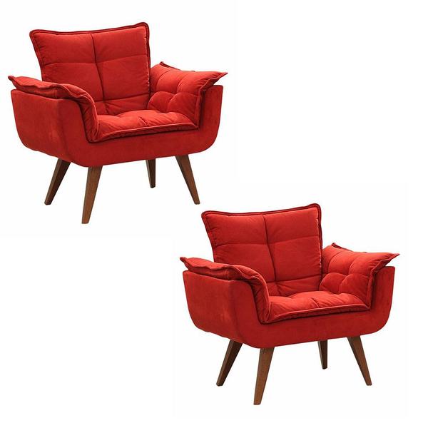 Imagem de Kit 02 Poltronas Decorativa Opalla Pés Palito Suede Vermelho - DS Estofados