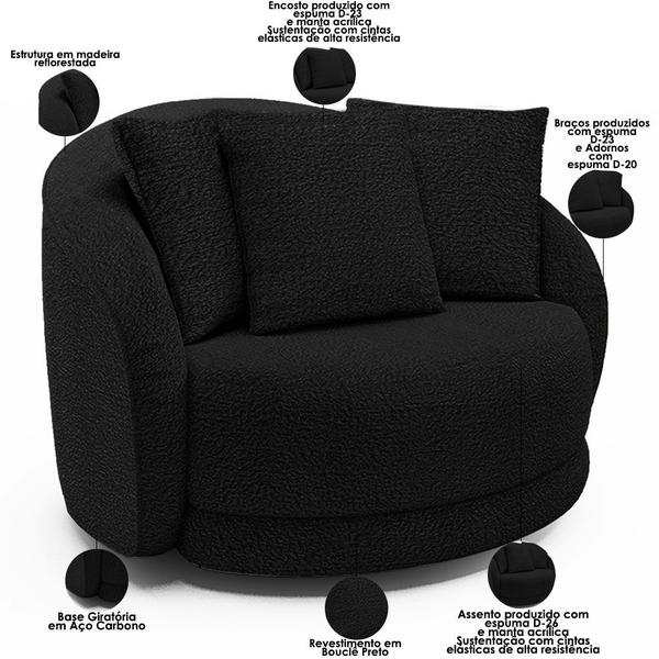 Imagem de Kit 02 Poltronas Decorativa Para Sala de Estar Base Giratória Witta M03 Bouclê Preto - Lyam Decor