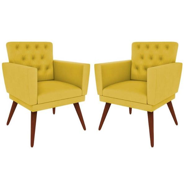 Imagem de Kit 02 Poltronas Decorativa Pés Palito Nina Encosto Estilo Capitonê Amarelo - DS Móveis