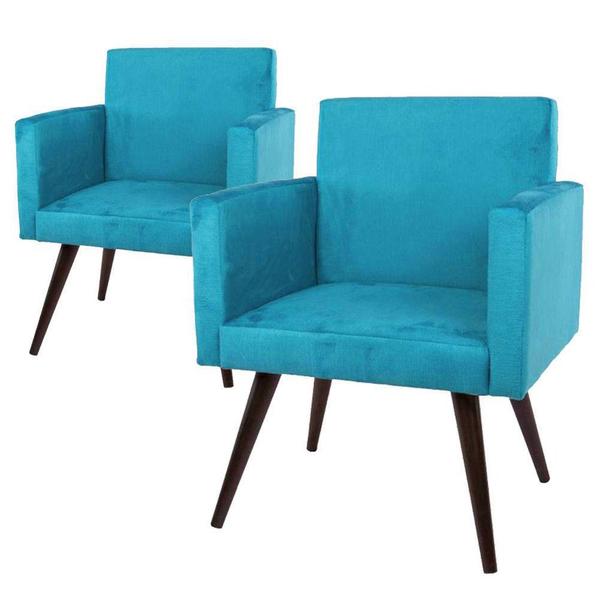 Imagem de Kit 02 Poltronas Decorativa Pés Palito Tabaco Nina Suede Azul Turquesa - SA Móveis