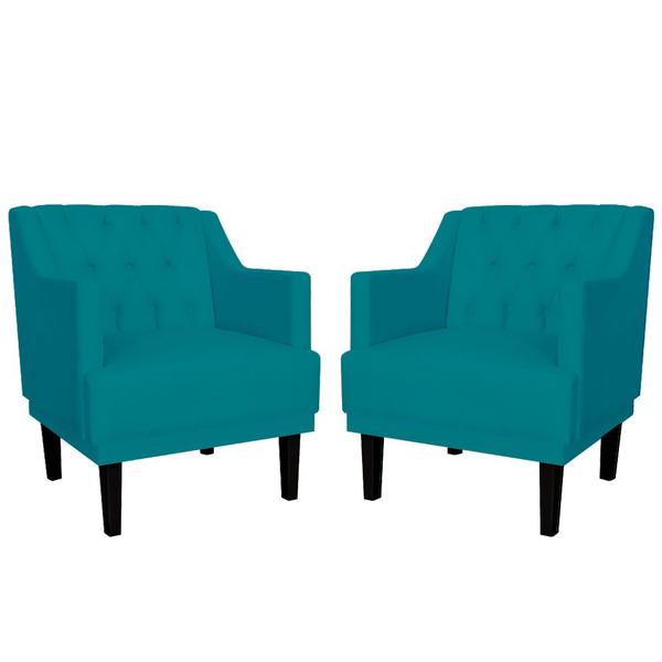 Imagem de Kit 02 Poltronas Decorativas Clássica Pés Trapézio Suede Azul Turquesa - DS Estofados