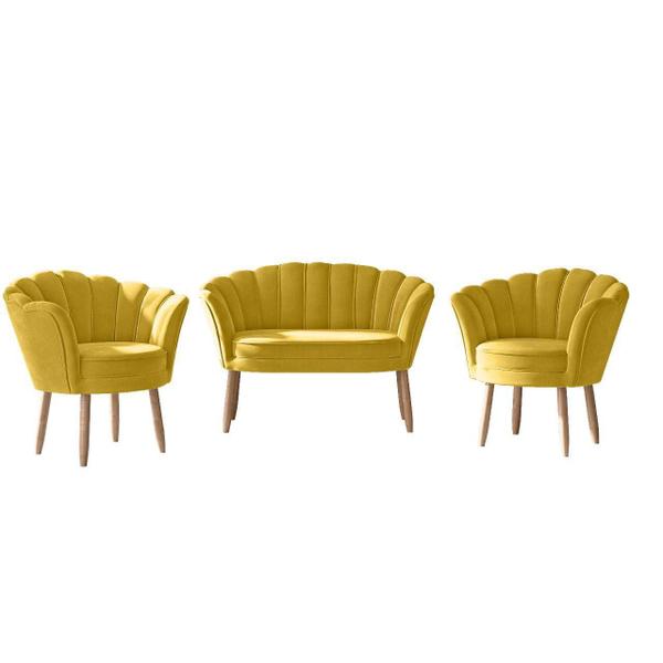 Imagem de Kit 02 Poltronas Decorativas e Namoradeira Sofá Pétala Luxo Veludo Amarelo Pés Palito - Visan Estofados