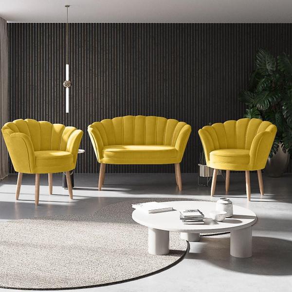 Imagem de Kit 02 Poltronas Decorativas e Namoradeira Sofá Pétala Luxo Veludo Amarelo Pés Palito - Visan Estofados