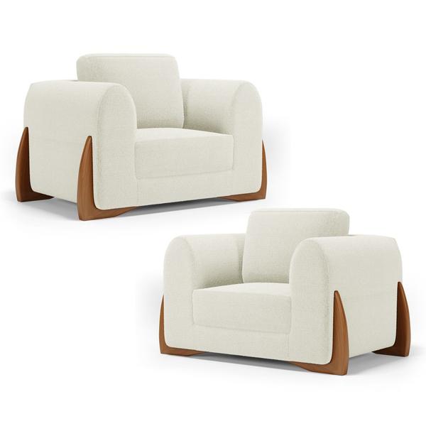 Imagem de Kit 02 Poltronas Decorativas Living Bloom com Pés de Madeira Bouclê Off White - Desk Design