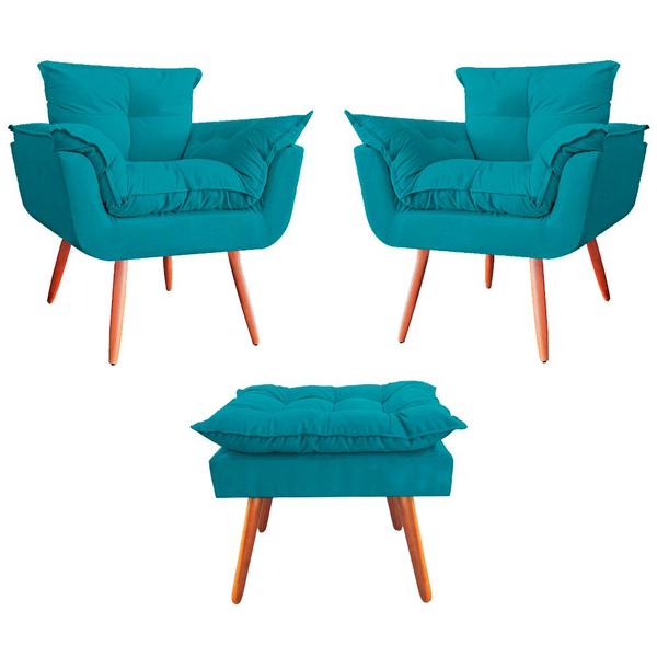 Imagem de Kit 02 Poltronas decorativas mais um Puff Opalla Pés Palito Azul Turquesa - DS Estofados