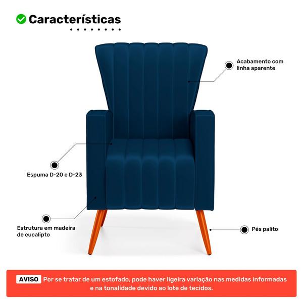 Kit 02 Poltronas Decorativas Melody com Pés Palito Veludo Azul Marinho - Abmaza Imagem de Kit 02 Poltronas Decorativas Melody com Pés Palito Veludo Azul Marinho - Abmaza