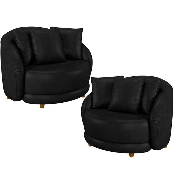 Imagem de Kit 02 Poltronas Decorativas Para Sala de Estar Base Fixa Pés Madeira Witta M03 material sintético Preto - Lyam Decor