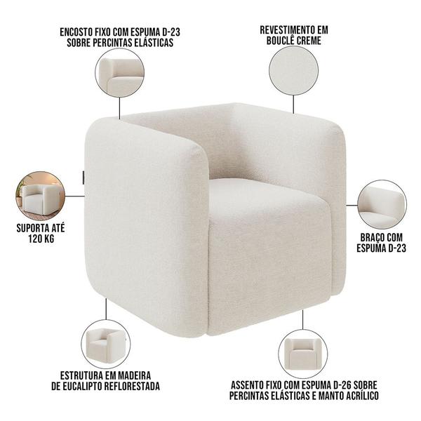 Imagem de Kit 02 Poltronas Decorativas Para Sala de Estar Fixa Living Peônia K01 Bouclê Creme - Lyam Decor