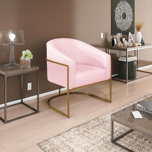 Imagem de Kit 02 Poltronas Decorativas Sala de Estar Recepção Luiza Base de Ferro Dourado Suede Rosa Bebê - Amarena Móveis