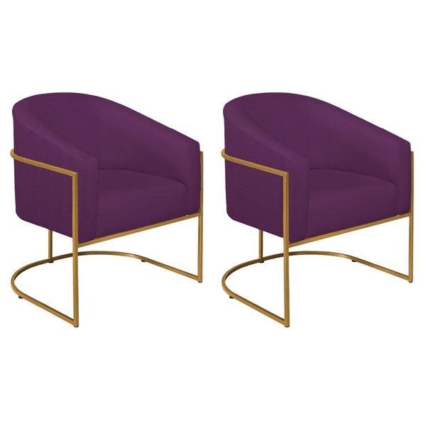 Imagem de Kit 02 Poltronas Decorativas Sala de Estar Recepção Luiza Base de Ferro Dourado Suede Roxo - Amarena Móveis