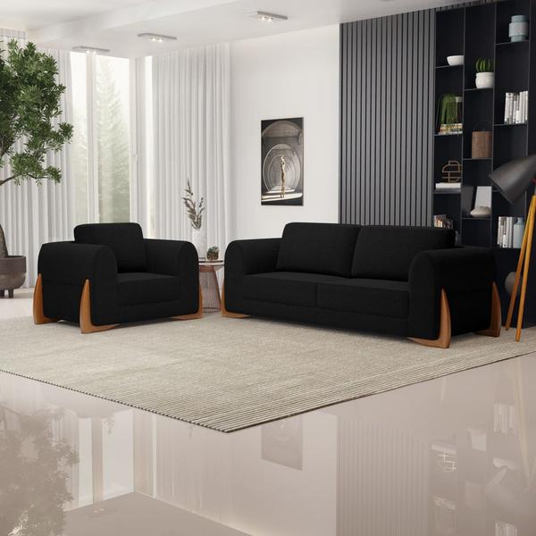 Imagem de Kit 02 Poltronas e 01 Sofá Bloom 160cm 02 Lugares com Pés de Madeira Bouclê Preto - Abmaza