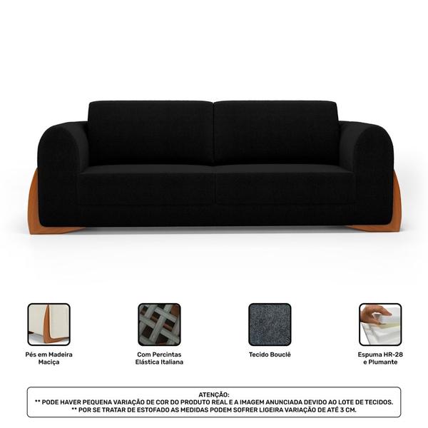 Imagem de Kit 02 Poltronas e 01 Sofá Bloom 160cm 02 Lugares com Pés de Madeira Bouclê Preto - Abmaza