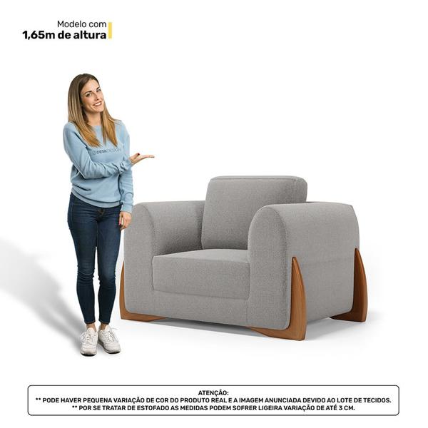 Imagem de Kit 02 Poltronas e 01 Sofá Bloom 180cm 02 Lugares com Pés de Madeira Bouclê Cinza - Abmaza