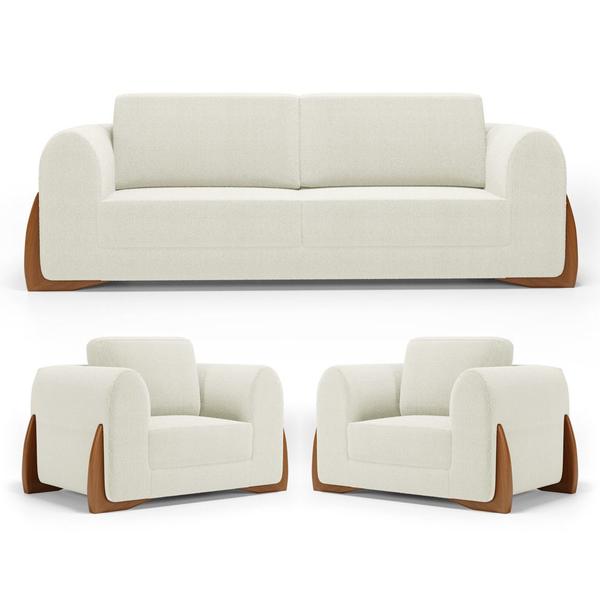 Imagem de Kit 02 Poltronas e 01 Sofá Bloom 180cm 02 Lugares com Pés de Madeira Bouclê Off White - Abmaza