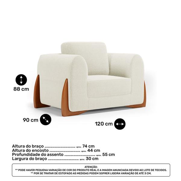 Imagem de Kit 02 Poltronas e 01 Sofá Bloom 180cm 02 Lugares com Pés de Madeira Bouclê Off White - Desk Design