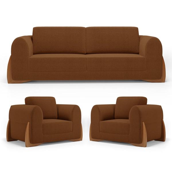 Imagem de Kit 02 Poltronas e 01 Sofá Bloom 180cm 02 Lugares com Pés de Madeira Bouclê Terracota - Abmaza