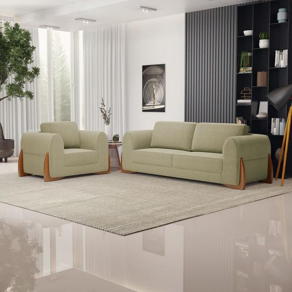 Imagem de Kit 02 Poltronas e 01 Sofá Bloom 220cm 03 Lugares com Pés de Madeira Bouclê Bege - Abmaza