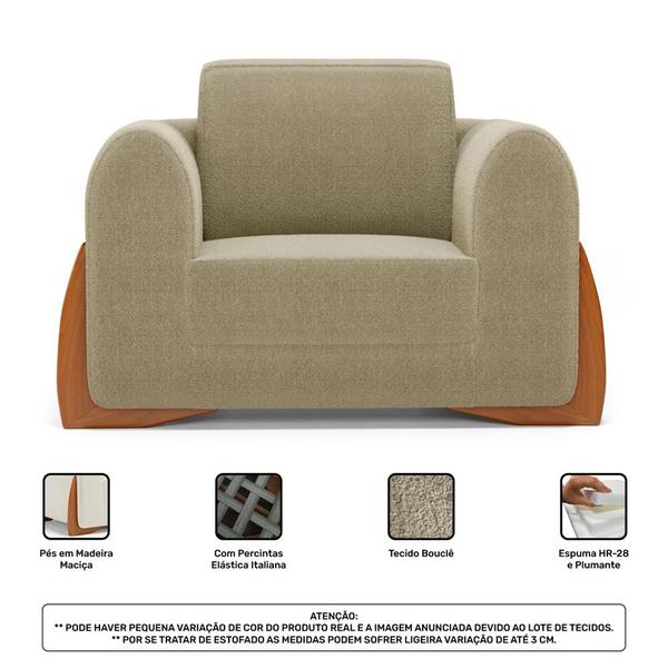 Imagem de Kit 02 Poltronas e 01 Sofá Bloom 220cm 03 Lugares com Pés de Madeira Bouclê Bege - Desk Design