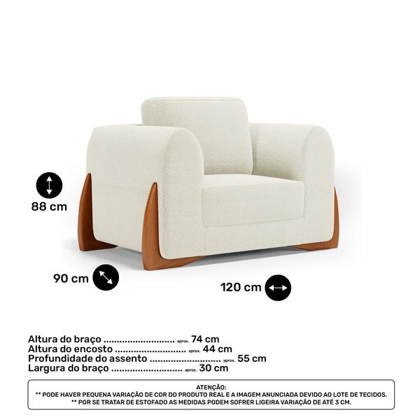 Imagem de Kit 02 Poltronas e 01 Sofá Bloom 220cm 03 Lugares com Pés de Madeira Bouclê Off White - Abmaza