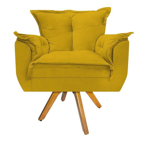 Imagem de Kit 02 Poltronas e Puff Apolo Base Giratória de Madeira Suede Amarelo - DAMAFFÊ MÓVEIS