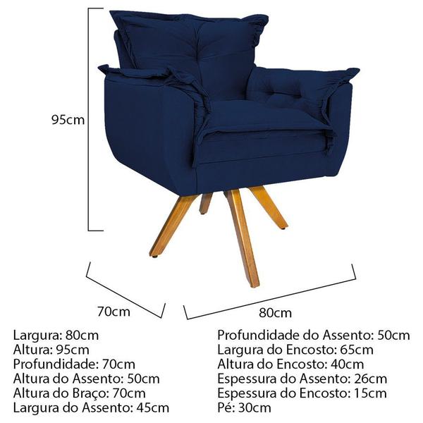 Imagem de Kit 02 Poltronas e Puff Apolo Base Giratória de Madeira Suede Azul Marinho - KDAcanto Móveis