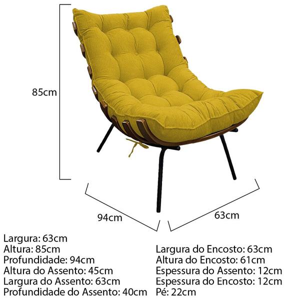 Imagem de Kit 02 Poltronas e Puff Costela Base Fixa Suede Amarelo - ADJ Decor