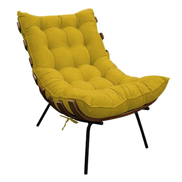 Imagem de Kit 02 Poltronas e Puff Costela Base Fixa Suede Amarelo - ADJ Decor