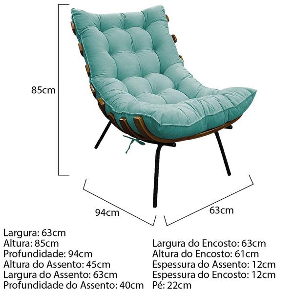 Imagem de Kit 02 Poltronas e Puff Costela Base Fixa Suede Azul Tiffany - Doce Sonho Móveis